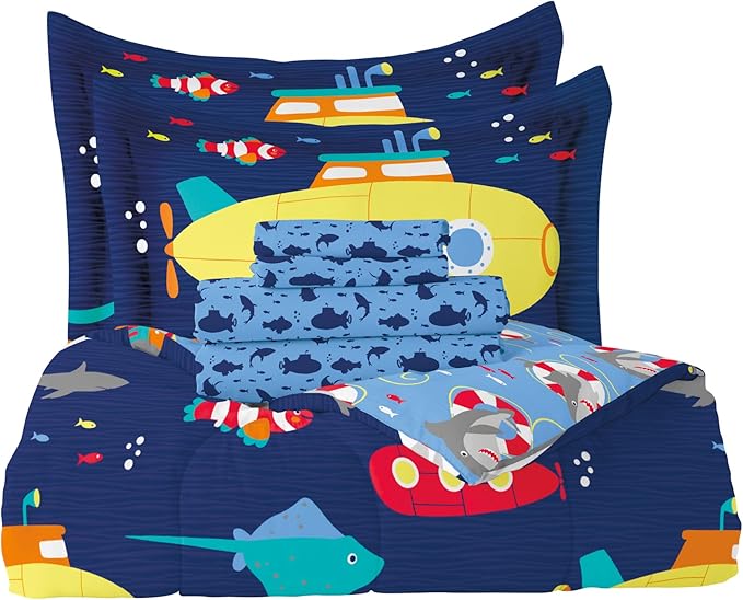 dream FACTORY Kids 7-Piece Complete Set Easy-Wash Super Soft Microfiber Comforter Bedding, Full, Navy Submarine
