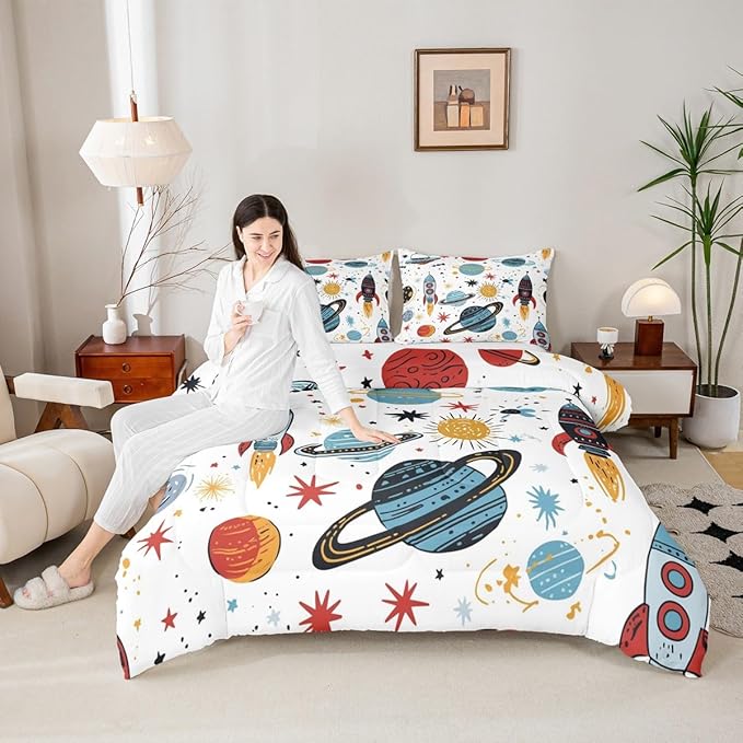 Erosebridal Outer Space Bedding Set King Size Kids Boys Space Ship Rocket Comforter Set Cartoon Universe Stars Planet Down Comforter Cosmos Meteorite Quilt Duvet Set with 2 Pillow Cases