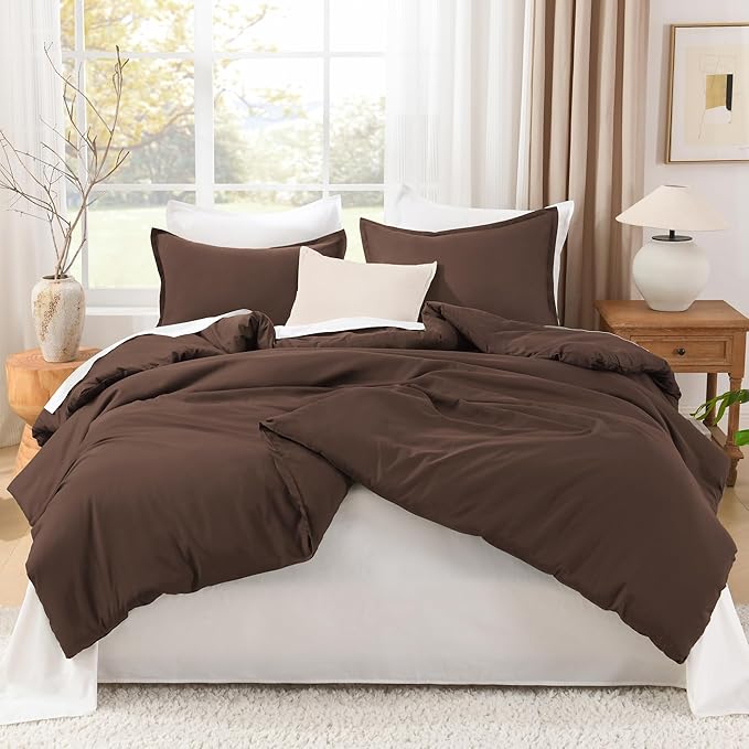 Litanika Comforters Brown Oversized King Size, 3 Pieces Lightweight Solid Bedding Set & Collections, All Season Fluffy Bed Set (120x98In Comforter & 2 Pillowcases)