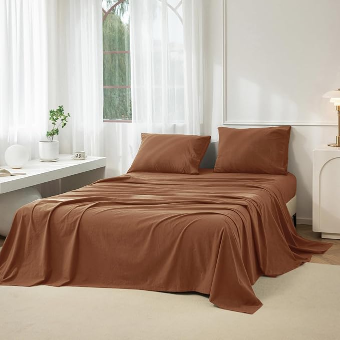 JIYUAN 100% Washed Cotton Sheet Set 4 Pieces Full,1 Fitted Sheet,1 Flat Sheet and 2 Pillowcases,Comfy and Breathable Linen Like Bedding Set,Burnt Orange