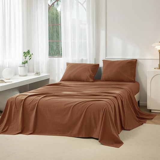 JIYUAN 100% Washed Cotton Sheet Set 4 Pieces Full,1 Fitted Sheet,1 Flat Sheet and 2 Pillowcases,Comfy and Breathable Linen Like Bedding Set,Burnt Orange