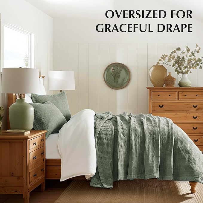 EVERGRACEHOME Stonewashed Cotton Quilt Set Full Queen Size, Ultra Soft Oversized Bedspread Coverlet Set, Lightweight Crinkle Box Stitch Bedding Sets for All Season, with 2 Shams, Olive Green