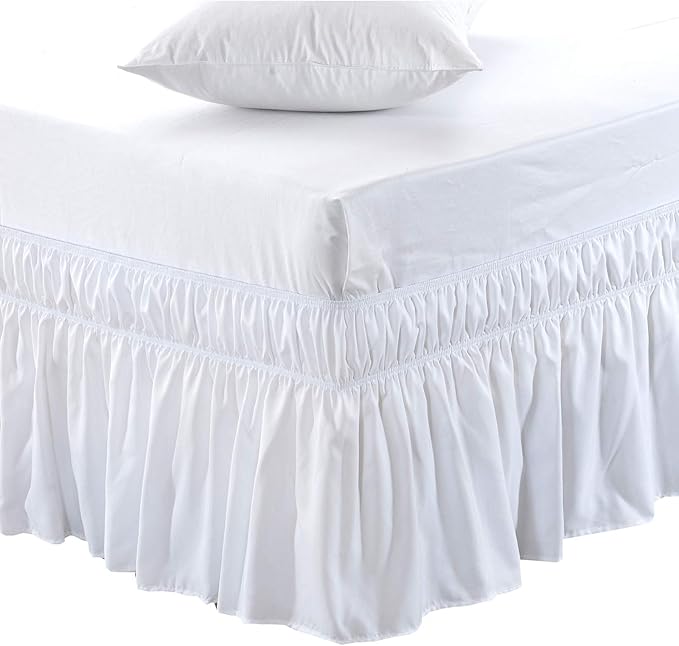MEILA Wrap Around Bed Skirt Three Fabric Sides Elastic Dust Ruffled 18 Inch Tailored Drop,Easy to Install Fade Resistant-White, Twin/Full