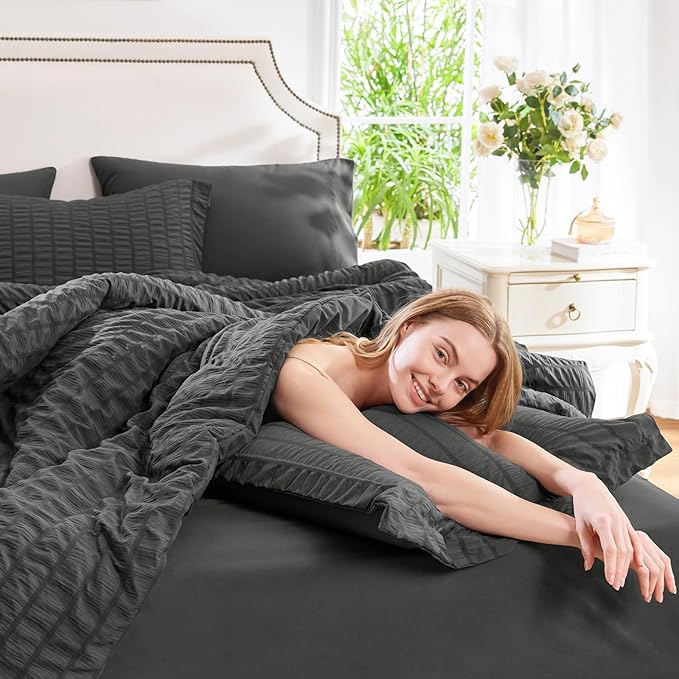 CozyLux Full Size Comforter Sets with Sheets Seersucker 7 Pieces Dark Grey Bed in a Bag Textured Luxury Soft Bedding Set with Down Alternative Comforter, Sheets, Pillowcases & Shams for All Seasons