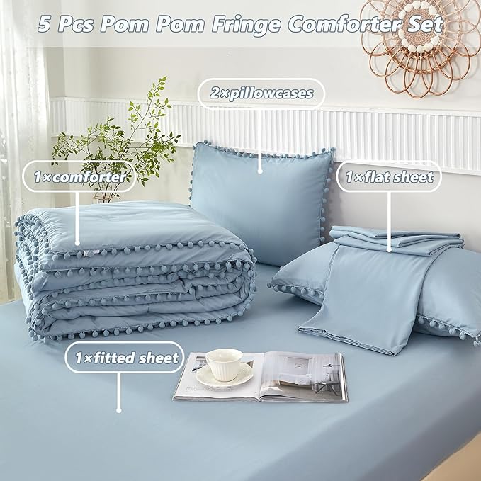 PERFEMET 5 Pcs Grayish Blue Bed in A Bag Twin Aesthetic Boho Comforter with Pom Pom Soft Fluffy Light Blue Solid Bedding Quilt Set for Girls Boys(Grayish Blue, Twin)