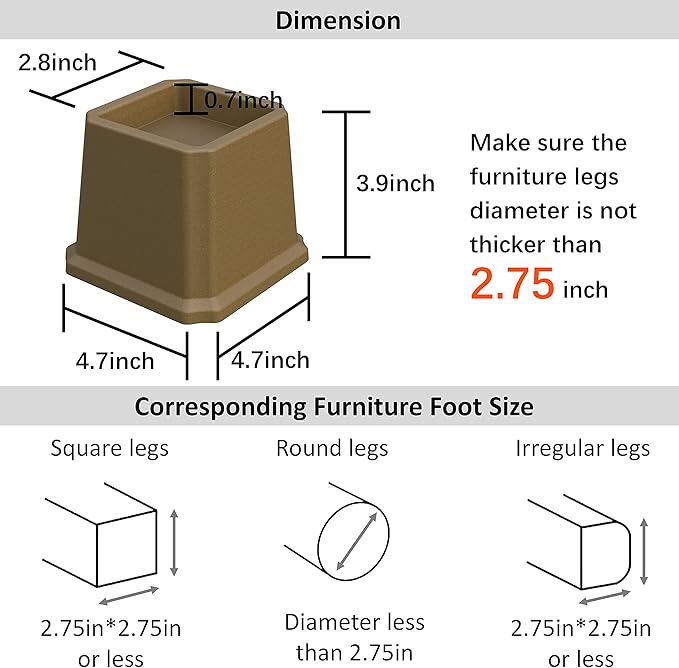 Bed Risers 3 Inch Heavy Duty Bed Elevators, Set of 6 Lifts Up 3000 lbs Furniture Risers for Bed Frame ans Sofa, Brown