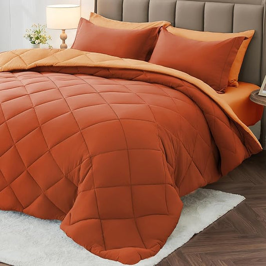 MUXHOMO 7 Pieces Queen Comforter Set, Reversible Bed in a Bag Queen Size, All Season Bedding Set with Comforter, Flat Sheet, Fitted Sheet, Pillowcases & Shams, Burnt Orange & Camel