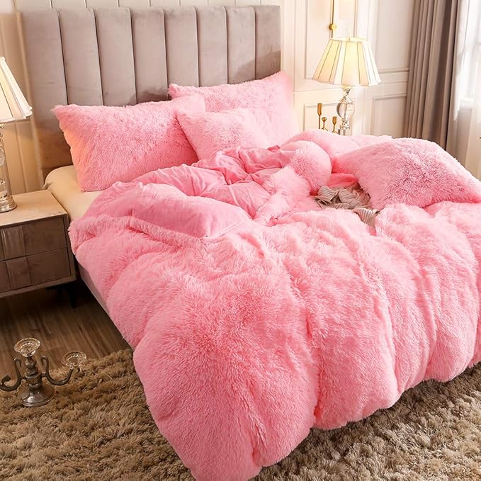 Uhamho Faux Fur Velvet Fluffy Bedding Duvet Cover Set Down Comforter Quilt Cover with Pillow Sham, Ultra Soft Warm (Twin, Pink)