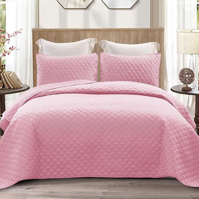 Exclusivo Mezcla Reversible King Size Quilt Bedding Set with Pillow Shams, Lightweight Quilts King Size, Soft Bedspreads Bed Coverlets for All Seasons - (Bright Pink, 104"x96")