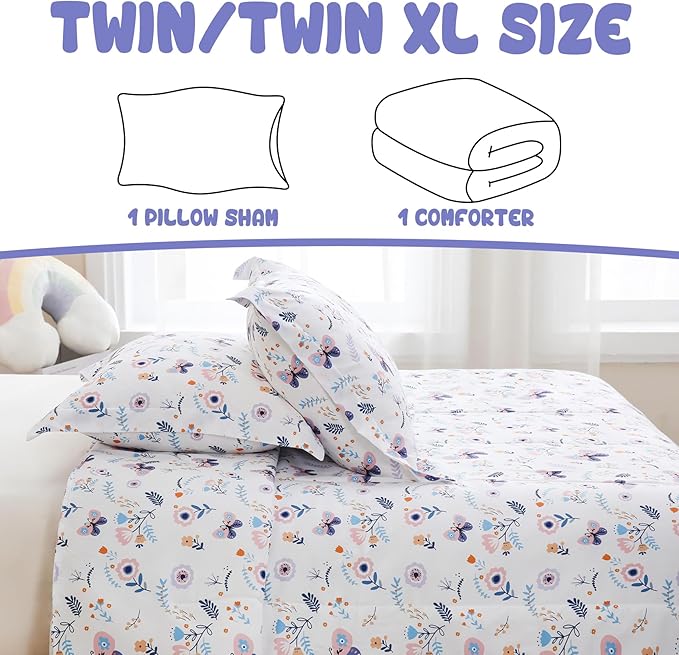 Yibeizi Floral Comforter Set for Girls Twin, Kids Butterfly Printed Bedding Set with Pillow Sham, Cute Lightweight Soft Breathable Machine Washable Quilted Bed Comforter Set 2 Piece