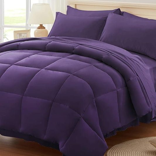Anluoer Queen Comforter Set 7 Piece, Dark Purple Bed in a Bag with Sheets, Comforters Queen Size Bedding Sets with 1 Comforter, 2 Pillow Shams, 2 Pillowcases, 1 Flat Sheet,1 Fitted Sheet
