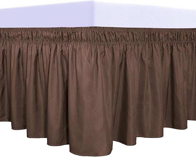 PureFit Wrap Around Ruffled Bed Skirt with Adjustable Elastic Belt - 18 Inch Drop Easy to Put On, Wrinkle Free Bedskirt Dust Ruffles, Bed Frame Cover for Queen, King and C-King Size Beds, Brown