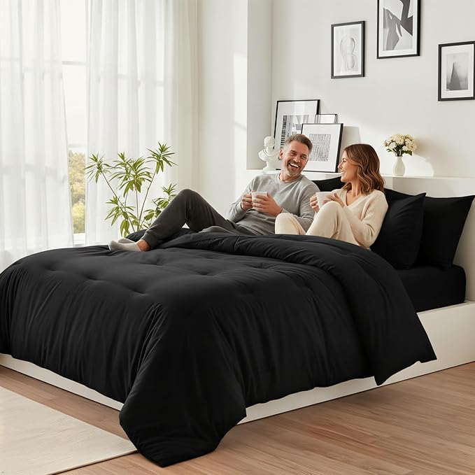 California King Comforter Set 7 Pieces - Ultra-Soft Bed in a Bag, Cozy Luxury All Season Bedding Sets with Comforter, Flat Sheet, Fitted Sheet, 2 Pillow Shams & 2 Pillowcases, Black