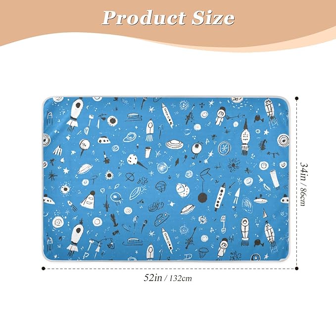 Waterproof Bed Pad Reusable Changing Pad Toddler Mattress Protector Large Pee Pad Baby Diaper Pad Soft Washable Liner Blue Space Doodle Rocket Spacemen