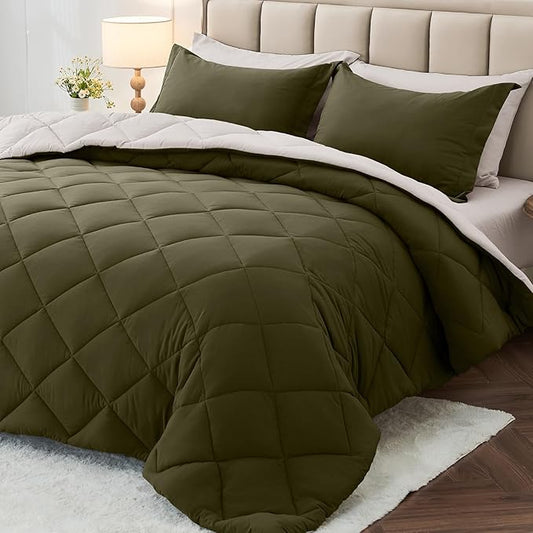 MUXHOMO 5 Pieces Twin Comforter Set, Reversible Bed in a Bag Twin Size, All Season Bedding Set with Comforter, Flat Sheet, Fitted Sheet, Pillowcases & Shams, Olive Green & Beige