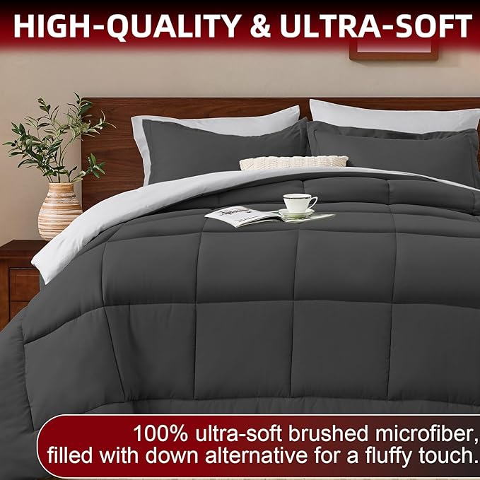 FUANNA Full Size Comforter Sets 7 Pieces, Reversible Bed in a Bag with All Season Soft Comforter, Bedding Sets Includes Comforter, Flat Sheet, Fitted Sheet, Pillowcases & Shams, Dark Grey & Light Grey