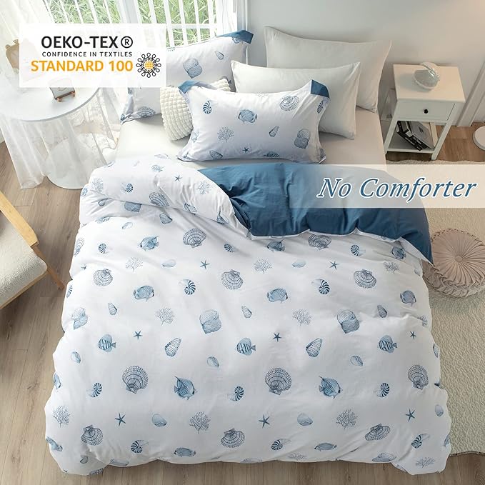 MILDLY 100% Washed Cotton Duvet Cover - Blue Seashell Pattern Comforter Cover Set Nautical Coastal Bedding Set with Zipper Closure 4 Ties King Size