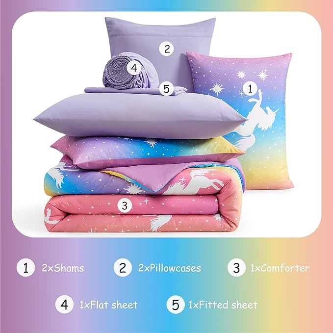 Full Comforter Set for Girls Kids - 7 Pieces Rainbow Unicorn Full Size Bedding Sets for Kids, Soft Cozy Bed in A Bag with Sheets