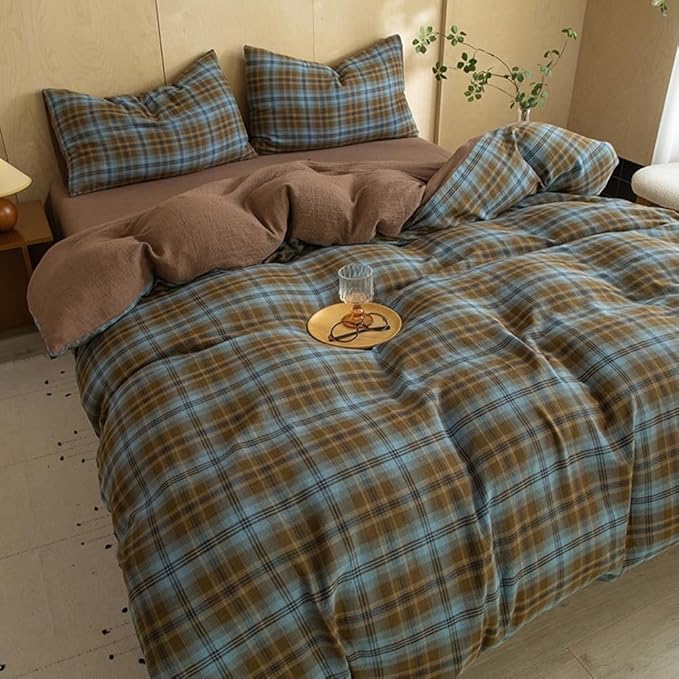 LifeTB Vintage Blue&Brown Plaid Duvet Cover Twin 100% Cotton Muslin Grid Checkered Plaid Bedding Set Breathable Soft Linen Like Gauze Comforter Cover Farmhouse Gingham Duvet Cover with Zipper Closure
