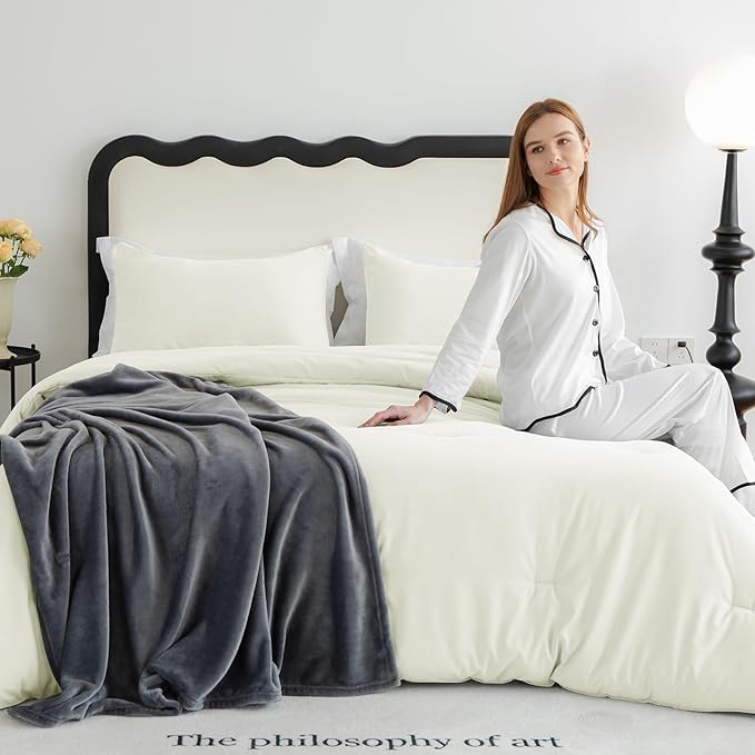 CozyLux King Size Comforter Set Ivory, 3 Pieces Solid Breathable Quilted Style Bedding Sets for Girls, Luxury Soft Microfiber Down Alternative Comforter Bed Set (1 Comforter & 2 Pillowcases)