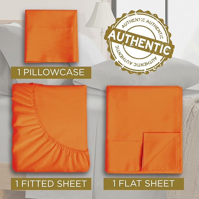 Twin XL 100% Microfiber Double Brushed Sheet Set - Extra-Soft & Wrinkle-Free - 15" Deep Pockets, 39" x 80" - Ideal for Dorms, Hospitals & Split King Beds - 3 PC Set (Twin XL, Orange)