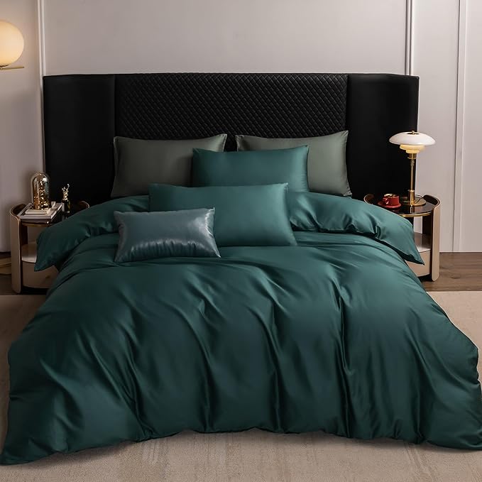 MooMee Duvet Cover Set 100% Extra Long Staple Cotton 600 Thread Count Silky Sateen Smooth Luxury Soft Breathable Durable Hotel Quality Bedding, 3 Pieces (Forest Green, Full 80"x90")