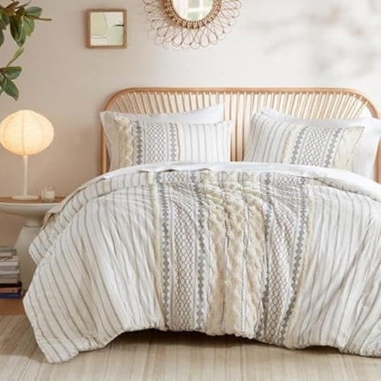 INK+IVY Comforter for Queen Size Bed, Chenille Tufted, Breathable Cotton Comforter Set Queen, All Season Modern Boho Comforter with Farmhouse Bedding Flare, 2 Matching Shams, Queen Ivory 3 Piece