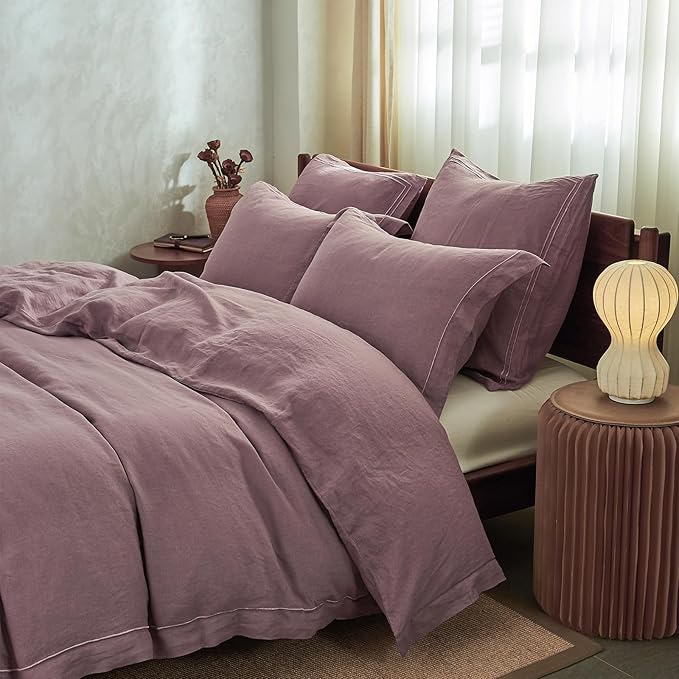 Simple&Opulence 100% Washed Linen Duvet Cover with Embroidered, 3 Pieces Soft Farmhouse Comforter Set with Button Closure,1 Duvet Cover and 2 Pillowshams(Queen,Purple)