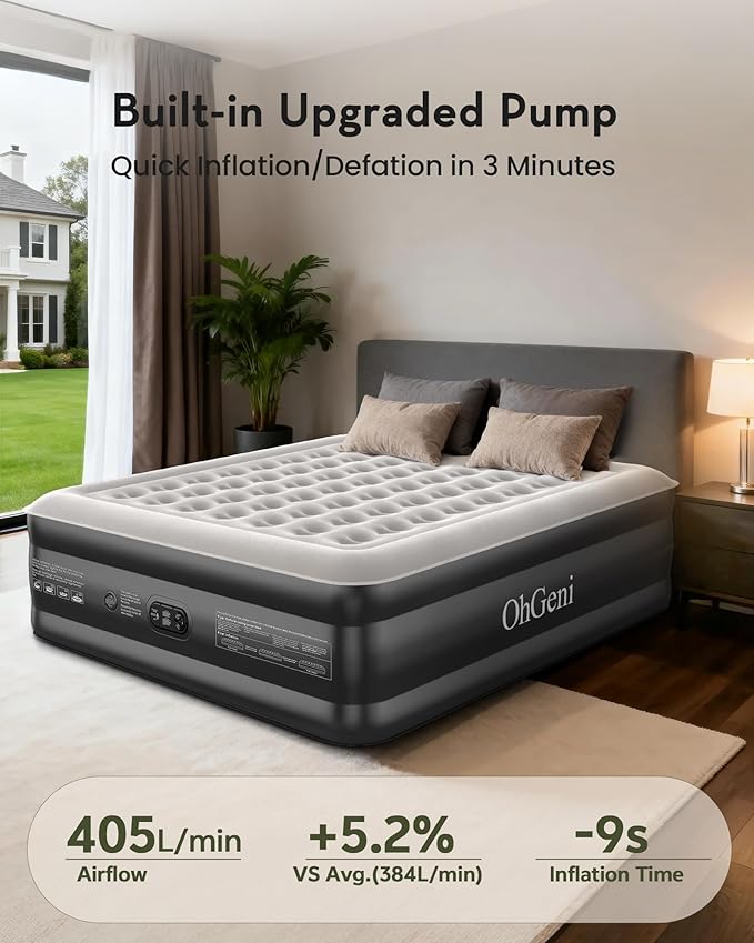 OhGeni 20" Raised Cal King Air Mattress with Built in Pump, Keep Feet from Dangling, Extra Length Blow up Mattress, Back-Friendly Airbed for Guests, Luxury Comfort for People(190CM Height), 700lbs