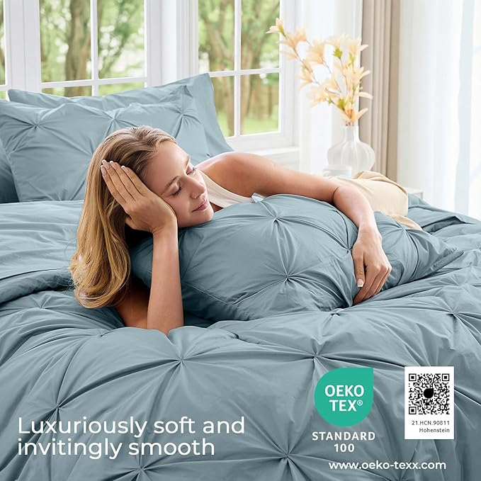 Sasttie Twin XL Comforter Set, 5-Piece Bed in a Bag, Pintuck Bedding Sets for All Season, Includes Comforter, Flat Sheet, Fitted Sheet, Pillowcase and Pillowsham, Greylish Blue