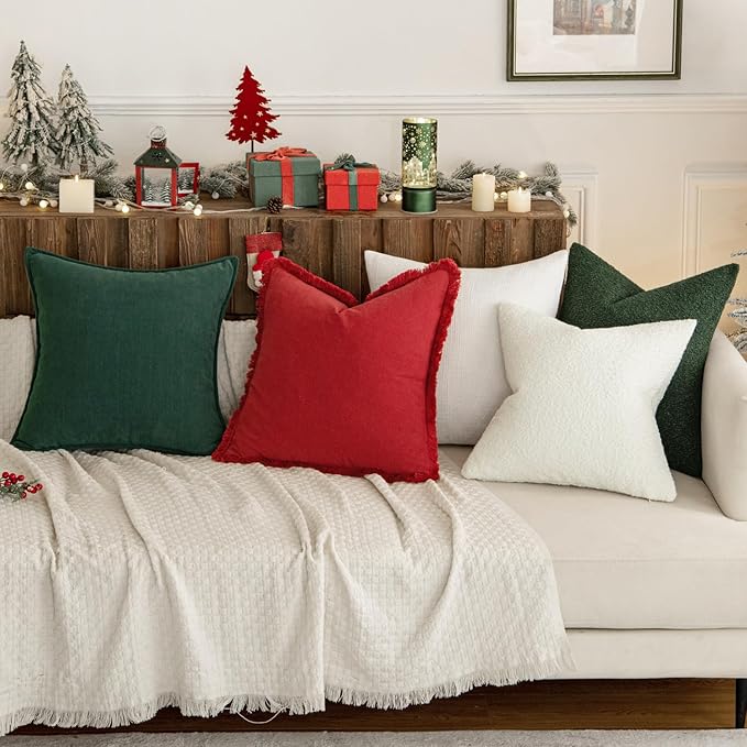 MIULEE Decorative Throw Pillow Covers Neutral Linen Fringe Throw Pillows Euro Shams Set of 2 Red Boho Farmhouse Cushion Covers with Tassels for Couch Sofa Bed Living Room Decor 24x24 Inch