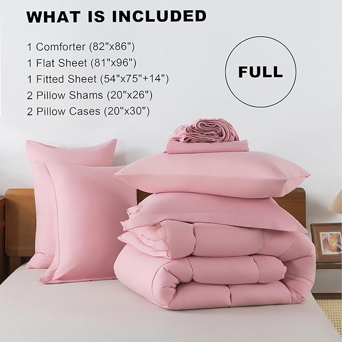 ELNIDO QUEEN® Full Size Comforter Set - 7 Pieces Bed in a Bag Full, Bed Set for All Seasons, Ultra Soft Blush Pink Bedding Sets with Comforter, Flat Sheet, Fitted Sheet, Pillowcases and Pillow Shams