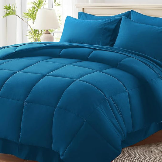 Anluoer King Comforter Set 7 Piece, Teal Bed in a Bag with Sheets, Comforters King Size Bedding Sets with 1 Comforter, 2 Pillow Shams, 2 Pillowcases, 1 Flat Sheet,1 Fitted Sheet