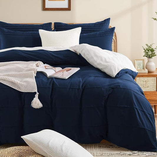 NEXHOME PRO 100% Organic Cotton Duvet Cover Queen Size, Linen Like Pleated Textured Navy Duvet Cover Set, 3pc Bedding Set with Zipper Closure, Soft, Lightweight and Breathable,90"x90", No Comforter