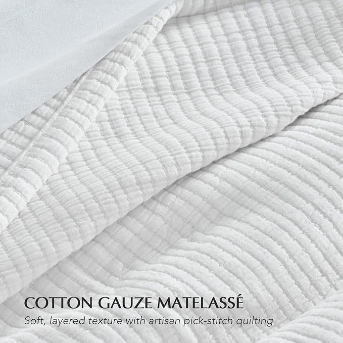 EVERGRACEHOME Cotton Gauze Full Queen Bedspread, Ultra Soft Prewashed Pick Stitch Matelassé Coverlet, Lightweight Textured Oversized Queen Quilt Bedding Set for All Season, with 2 Shams, Ivory White