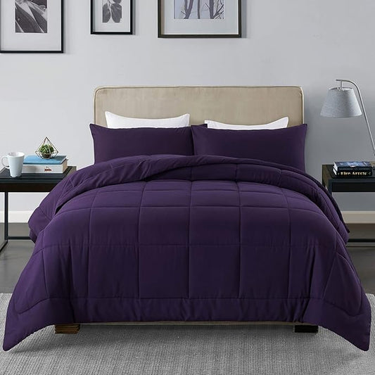DOWNCOOL King Size Comforter Set -All Season Bedding Comforters Sets with 2 Pillow Cases -3 Pieces Bed Set Down Alternative King Bedding Set -Purple King Comforter Set(102"x90")