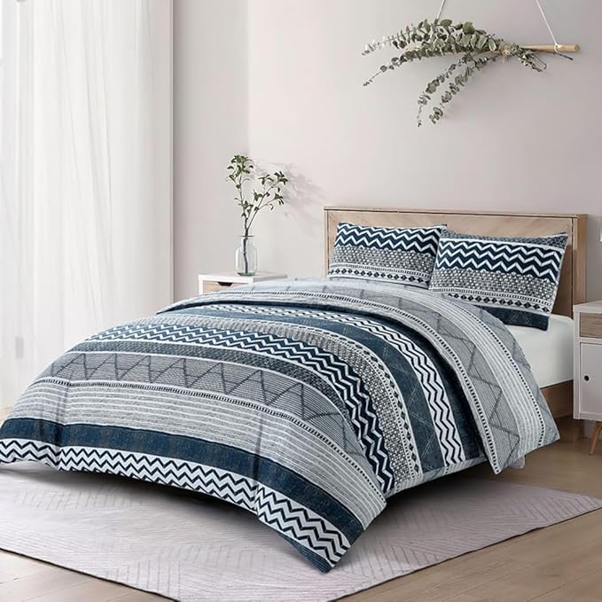 Lekesky Duvet Cover Queen Size, Soft Microfiber Boho Aztec Quilt Cover Set Blue Bohemian Queen Bedding Duvet Cover Sets with Zipper Closure Corner Ties (No Comforter)