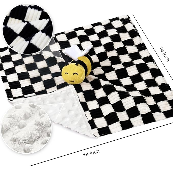 Baby Lovey Blanket for Boys Girls Super Soft Checkerboard Gingham with Minky Dot Fabric Backing Bee Stuffed Animal Lovely Snuggle Toy Black 14 Inch