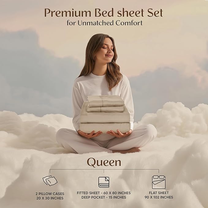 Utopia Bedding Queen Size Sheet Set – 4 Piece Bed Sheets, Soft and Breathable Microfiber, Includes 1 Fitted Sheet, 1 Flat Sheet and 2 Pillowcases – Oeko Tex (Beige)