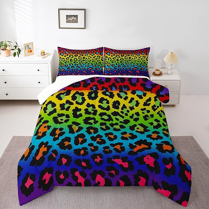 Girls Colorful Leopard Comforter Set Queen Size Women Cheetah Printed Bedding Comforters Africa Leopard Pattern Bedroom Decor Down Alternative Comforter for All Season Rainbow Leopard Print Quilt Set