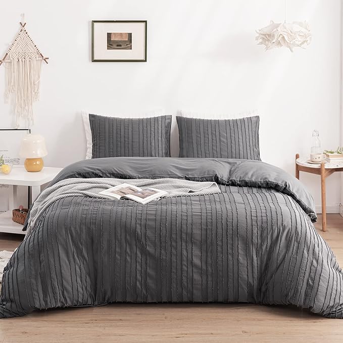 WARMDERN Gray Boho Duvet Cover Set Queen Size, Striped Textured Duvet Cover Tufted Bedding Set, 3 Pcs Ultra Soft Washed Microfiber Duvet Cover with Zipper Closure (Queen, Gray)