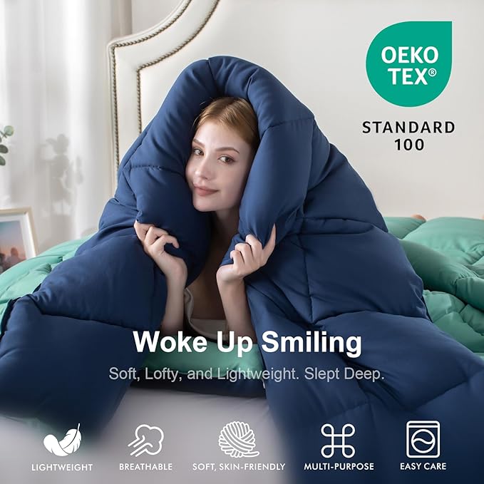 KASENTEX California King Comforter Set – Reversible Dual Color – Goose Down Alternative – Ultra-Soft, Lightweight, Machine Washable, Fluffy, All Season Warmth (Turquoise Sea Green/Twilight Blue)