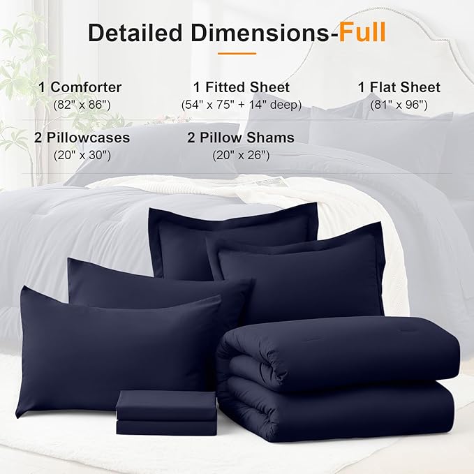 Full Comforter Set 7 Pieces - Ultra-Soft Bed in a Bag Full Size, Cozy Luxury All Season Bedding Sets with Comforter, Flat Sheet, Fitted Sheet, 2 Pillow Shams & 2 Pillowcases, Navy Blue