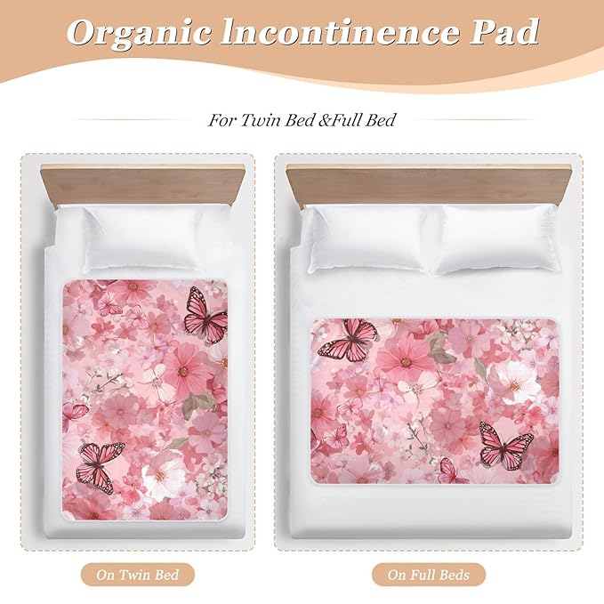 Waterproof Bed Pad Reusable Changing Pad Toddler Mattress Protector Large Pee Pad Baby Diaper Pad Soft Washable Liner Floral Pink Butterflies