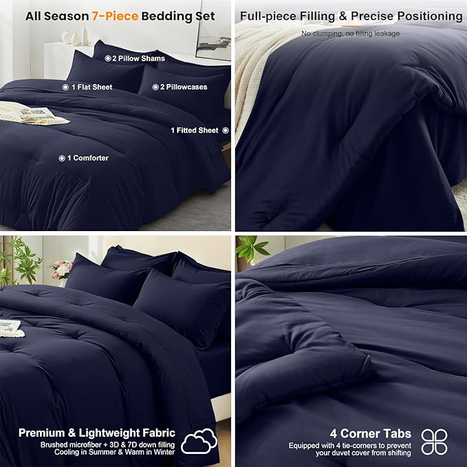 Full Comforter Set 7 Pieces - Ultra-Soft Bed in a Bag Full Size, Cozy Luxury All Season Bedding Sets with Comforter, Flat Sheet, Fitted Sheet, 2 Pillow Shams & 2 Pillowcases, Navy Blue