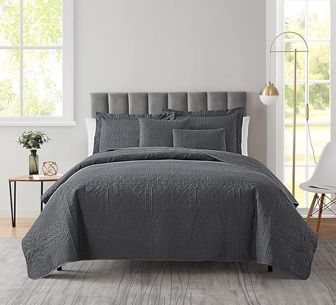 Hearth & Harbor Quilts Queen Size - All Season Bedspread Coverlet Set, Pinsonic Weave Lightweight Bedding Set - 5 Piece Queen Quilt Set with Pillow Shams, Grid - Gray