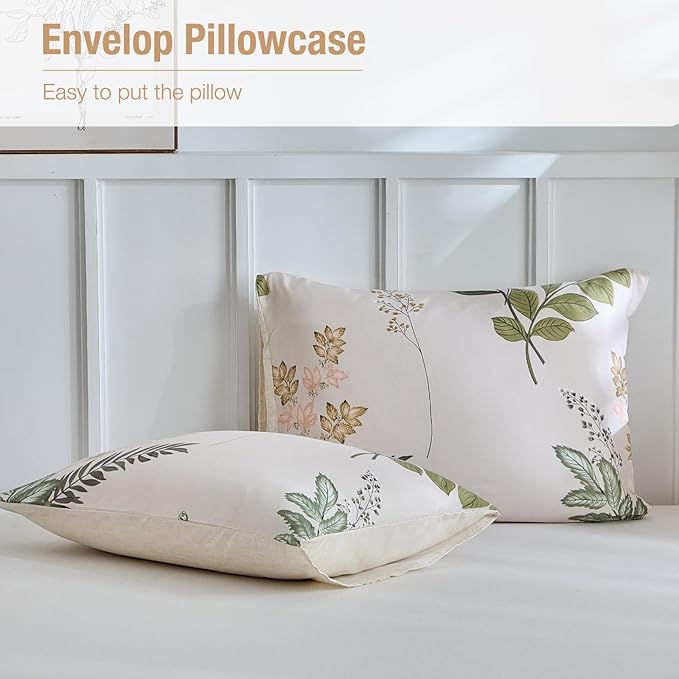 Lekesky King Size Reversible Duvet Cover, Duvet Cover King Size 3 Piece Green Leaf Microfiber Botanical Bedding Set with Zipper Closure 8 Corner Ties