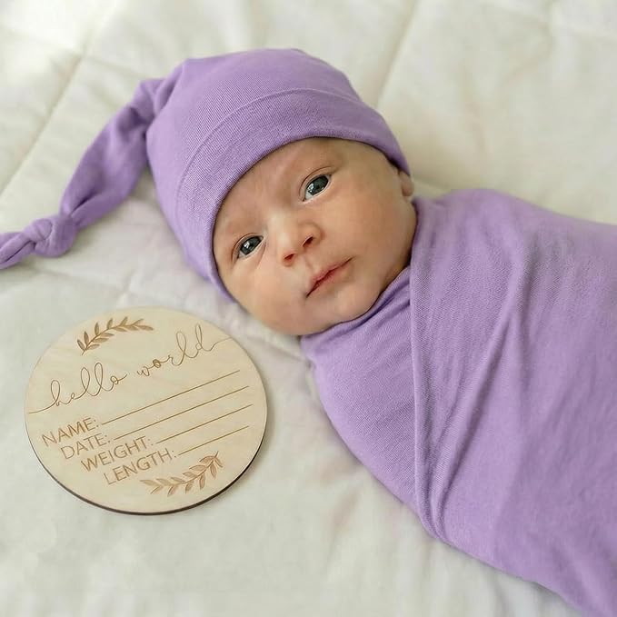 Large Jersey Knitted Swaddle Blanket for Baby, Soft Stretchy Receiving Blanket for Newborns with Hat, Baby Nursery Swaddle 47 x 47 inches(Lavender)