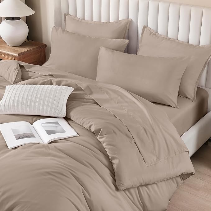 Litanika California King Comforter Set Light Coffee - 7 Pieces Bed in a Bag Cal King Beddding Sets, Plain Lightweight Bed Set with Comforter, Sheets, Pillowcases & Shams