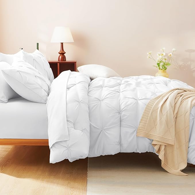 Queen Comforter Set White, 7 Pieces Pintuck Bed in A Bag Queen Size Bedding, Soft Bed Set All Season Pinch Pleat Comforter Set with Sheets, Pillowcases & Shams